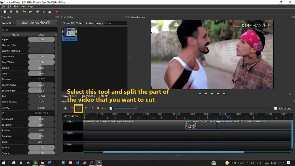 01: How To Easily Edit Videos On OpenShot Video Editor? 3 OpenShot: Splitting-a-file-using-razor-tool-1
