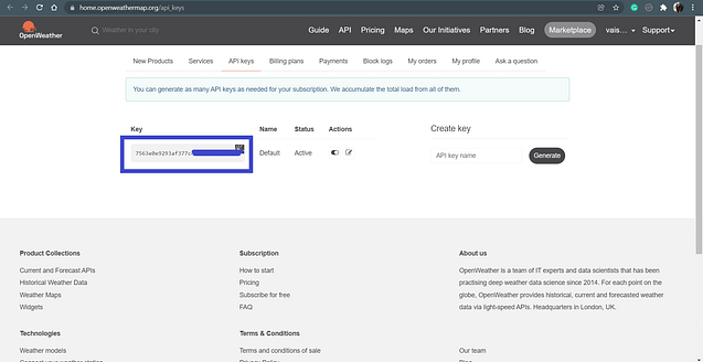 Easily Code A Weather App In Python Using Tkinter 4 The generated API Key will look something like this